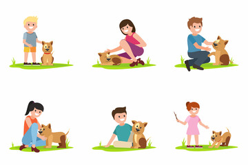 Dog and human illustration in flat style. Cartoon characters in different poses walking with dogs. Domestic animals care concept. Isolated. Vector.