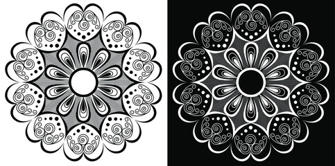 Beautiful Indian traditional and cultural Rangoli mandala design concept of floral art isolated on black and white background
