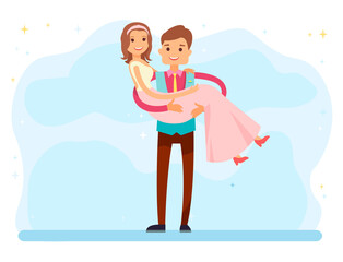 Bride and groom on wedding day vector, celebration of unity of people. Man and woman wearing festive clothes, male holding female in pink bridal dress