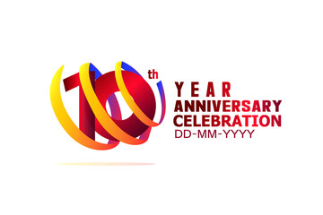 10 year anniversary Red and Yellow-Orange-Blue Ribbon. Isolated graphic anniversary for banner, greeting card - vector