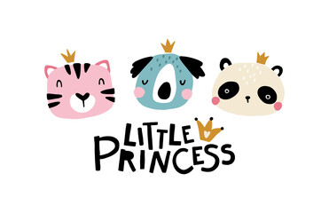 Little princess tiger, koala and panda. Cute face of an animal with lettering. Childish Greeting card for nursery in a Scandinavian style. For party. Vector cartoon illustration in pastel colors.