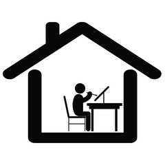 Painting from home. Pictogram depicting artist man painting at home. Lock down stay at home due to covid-19 pandemic. Black and white EPS vector