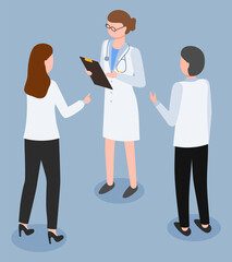 Doctor stands with clipboard near patients vector. Medical prescription form on notepad. Healthcare service, diagnosis and hospital worker. Regular checkup, therapist or physician with stethoscope
