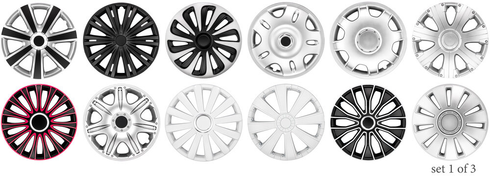 Sets wheels covers for car, different models. Three sets. Isolated on a white background.