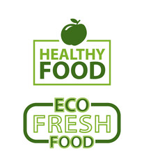 Eco fresh healthy food inscription in frame topped by apple. Vector isolated green logo with fruit, natural organic dieting nutrition emblem logotype