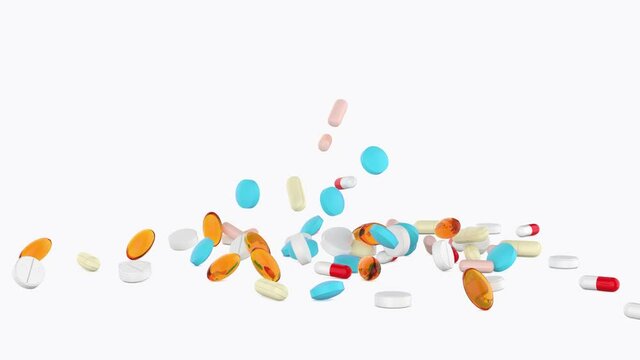 multicolored capsule, tablet and pills falling animation from top on white background