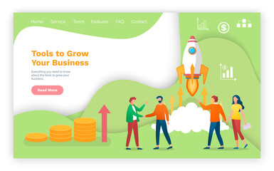Website to help achieving business excellence. Tools to grow your business company. Modern technologies, innovations and cooperation bring you success. People stand near rocket. Vector illustration