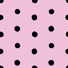 Vector doodle pattern in pink and black. Simple polka dots made into repeat. Great for background, wallpaper, wrapping paper, packaging, fashion.