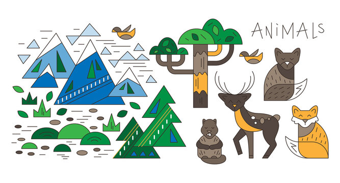 Wild animals set. Fox, wolf, deer, beaver, tree, pine, mountains vector illustration