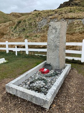 Grave of Sir Ernest Shackleton and Frank Wild in Grytviken on South Georgia. Two famous polar explorers of the heroic age of Antarctic exploration.