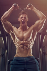 Fototapeta na wymiar Bodybuilder strong man pumping up triceps muscles
