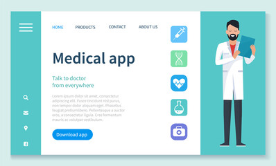 Doctor examine patient remotely. Physician consults people about diseases and medication through internet. Medical app website with navigation menu. Vector illustration of online medicine in flat