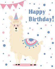 Greeting card to birthday with funny alpaca or lama in glasses.