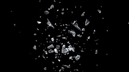 Glass mirror breaked shatter with debris super slow motion. Macro camera 3d illustration. - obrazy, fototapety, plakaty