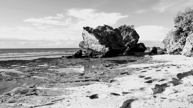 View of the beach and stone cliffs. Black and white landscape. Natural background