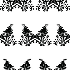 Black and white peacocks with flowers is in Seamless pattern