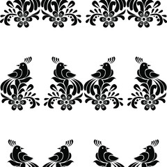 Black and white peacocks with flowers is in Seamless pattern
