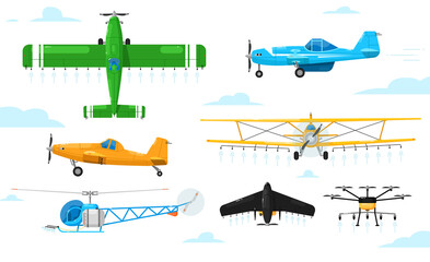 Agricultural aviation. Crop duster aircrafts spraying chemicals set. Airplane, biplane, monoplane, helicopter, drone spraying pesticides agricultural aviation collection