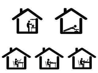 Things to do at home during covid-19 lock down stay at home quarantine. Pictogram depicting various actives to do at home. Cook work paint draw study read exercise workout. Black and white eps icon ve