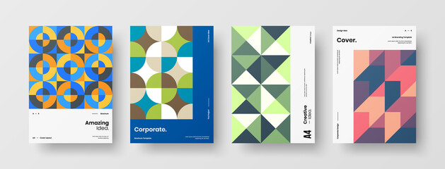 Company identity brochure template collection. Business presentation vector A4 vertical orientation front page mock up set. Corporate report cover abstract geometric illustration design layout bundle. © kitka