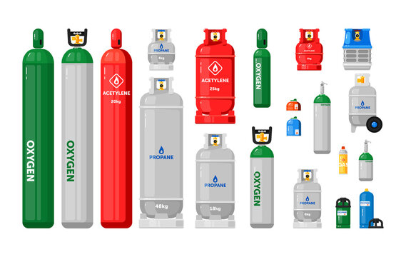 Gas cylinders. Metal tanks with industrial liquefied compressed oxygen, petroleum, LPG propane gas containers and bottles set. Gas cylinders with high pressure and valves