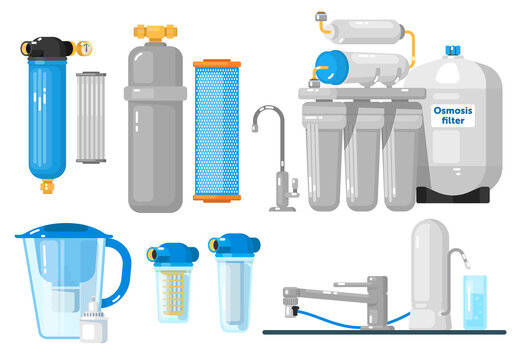 Water filters. Countertop, undersink, pitcher container, whole house, reverse osmosis water filters set. Natural fresh water purity. Mineral filtration or purification systems collection