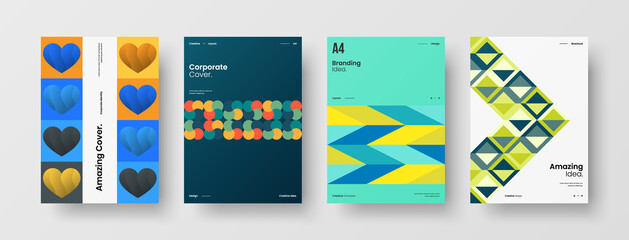 Fototapeta premium Company identity brochure template collection. Business presentation vector A4 vertical orientation front page mock up set. Corporate report cover abstract geometric illustration design layout bundle.