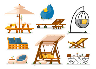 Garden furniture. Outside wooden garden swing bench seat, table, chaise longue, hanging chair, table, bean bag chair, couch set. Garden yard furniture object collection for outdoor leisure