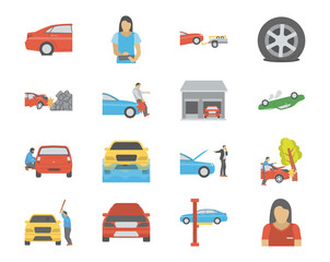 Road Accidents and Vehicle Care Flat Icons 