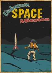 Unknown Space Mission Retro Comic Book Cover Stylization, Space Rocket, Astronaut, Planet Surface. Retro Colors, Grunge Texture Frame 