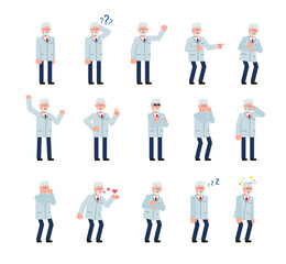 Set of old professor characters showing various emotions. Doctor thinking, crying, laughing, angry, tired and showing other expressions. Minimal design vector illustration