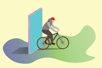 A person on a Bicycle rides out of a mobile phone, the concept of abandoning digital addiction, a simple vector design