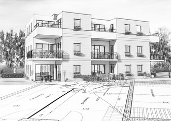 Concept 3D d'un petit immeuble résidence moderne avec balcon et jardin