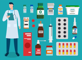 Collection of medicine and doctor examining history of patient illness. Set of pills and syringe, tubes and inhalers for sickness treatment. Surgeon looking at xray in hands. Medical care vector