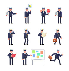 Set of airline pilot characters in various situations. Pilot holding document, stop sign, reading book, walking and showing other actions. Minimal design vector illustration