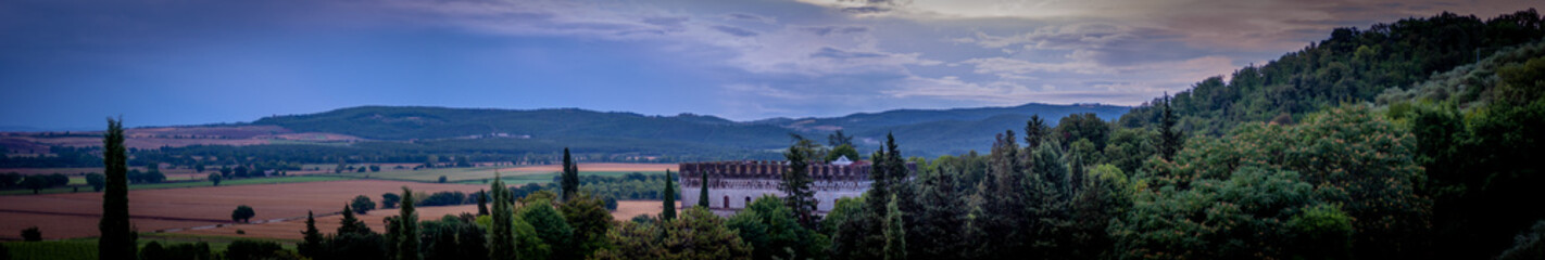 Fototapeta na wymiar Panorama of Stigliano Castle, Tuscany, Italy just after a thunderstorm