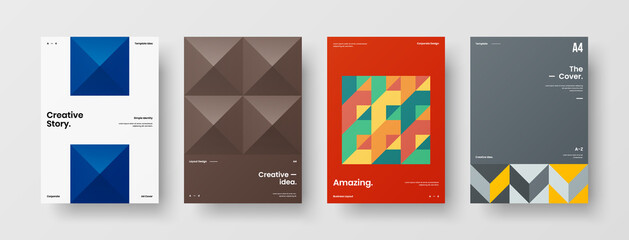 Fototapeta premium Company identity brochure template collection. Business presentation vector A4 vertical orientation front page mock up set. Corporate report cover abstract geometric illustration design layout bundle.