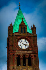 Fototapeta na wymiar Closeup of the Guildhall Clock Tower in Derry Londonderry, Northern Ireland.