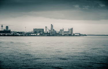 Liverpool skyline split toned black and white taken from Wallasey