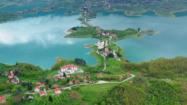 Panoramic aerial forward of Rama Lake, Bosnia & Herzegovina