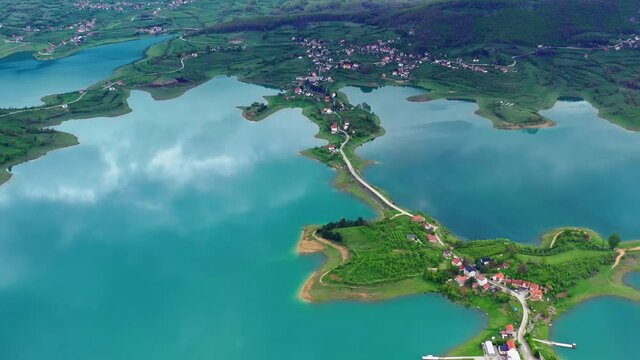 Scenic aerial of Ramsko Jezero also known as Rama Lake on cloudy day