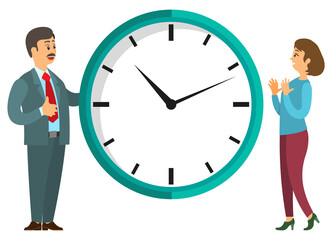 Time is money, man and woman standing near round hours. People colleagues discussion, employees and circle watch, financial symbol, timer icon vector