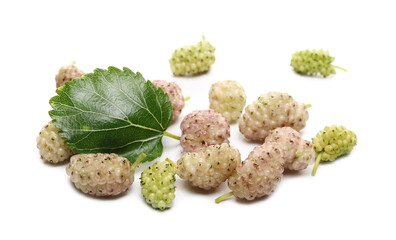 White mulberry fruits with leaves isolated on white background