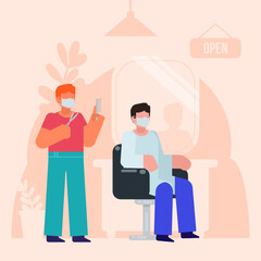 Barber in mask standing near a client sitting in chair. Barbershop is open during pandemic. Minimal design vector illustration