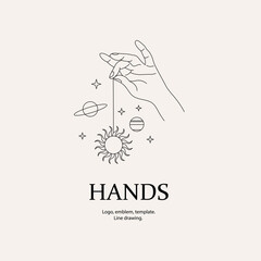 Magical hand. Hands, planets, sun and stars. Print for t-shirts.