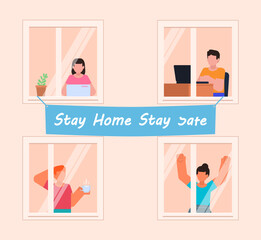 People at home standing near window and working or doing other actions. Stay home stay safe banner. Minimal design vector illustration