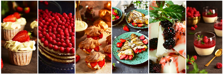 Collage with berry desserts. Sweet food: muffins, cakes, pastries, pancakes, ice cream.