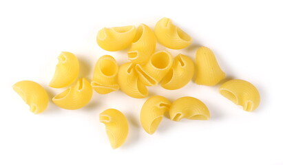 Pasta lumaconi rigati pile isolated on white background, top view