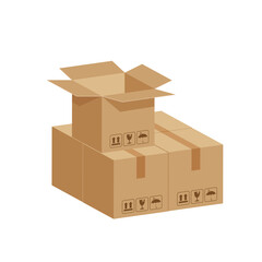 Fototapeta premium stack crate boxes brown and box open isolated on white, cardboard box for factory warehouse storage, cardboard parcel boxes, pile of warehouse factory, packaging boxes brown cargo industrial logistic