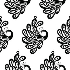 Peacock with feathers isolated on white background is in Seamless pattern